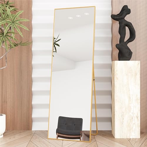 AUFHELLEN Ganzkörperspiegel 150x50cm mit Golden Metallrahmen Standspiegel HD Groß Wandspiegel mit Haken für Wohn-, Schlaf- und Ankleidezimmer Spiegel von AUFHELLEN
