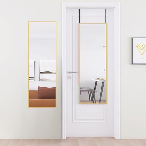 AUFHELLEN Wandspiegel mit Golden Metallrahmen Höhenverstellbar 127x35.5cm Groß Spiegel HD Ganzkörperspiegel mit Haken für Flur, Tür, Wohn-, Schlaf- oder Ankleidezimmer von AUFHELLEN
