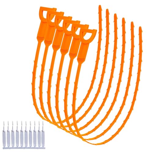 AUTUUCKEE 6 Stück Rohrreinigungsspirale, Abflussspirale, Spülbecken-Reinigungshaken, mit 10 Stück Duschkopf-Reinigungsbürste, Kunststoff-Abflussreiniger für umweltfreundliche Rohrreinigung(Orange) von AUTUUCKEE