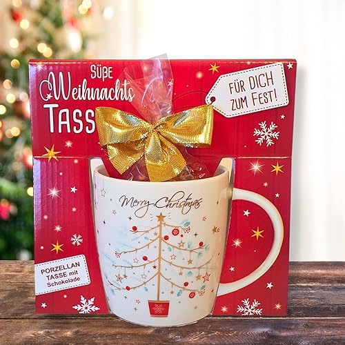 AV Andrea Verlag Süße Weihnachtstasse - Weihnachtsbaum - Kaffeetasse und Schokolade mit Geschenkverpackung zu Weihnachten. Beidseitig Gold und bunt bedruckt von AV Andrea Verlag