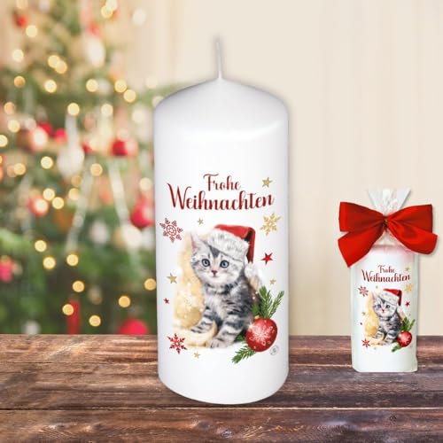 Weihnachtskerze Stumpenkerze – Frohe Weihnachten - Kerze in Geschenkverpackung mit Schleife zu Weihnachten | moderne Motive auf Tattoofolie Schiebefolie von AV Andrea Verlag