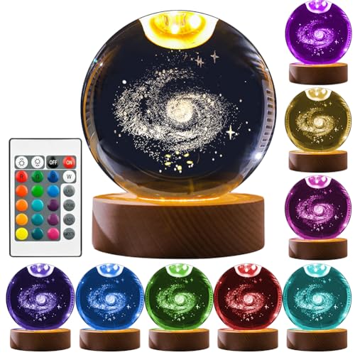 AVZYARDY 3D Kristallkugel Nachtlicht,3D Mond Galaxy Globe Nachtlicht mit Holzsockel,USB Sonnensystem Kristallkugel LED Ball Lampe,Nachttischlampe,16 Farben,Fernbedienung,Valentinstag Geschenke von AVZYARDY