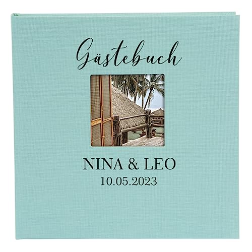 AWASG Fotobuch zum selbstgestalten einkleben mit Name | Fotoalbum 25x25 cm personalisiert mit Wunschtext | Album aus Leinen 60 Seiten weiß | Kommunion Hochzeit Taufe & Co. (mint) von AWASG