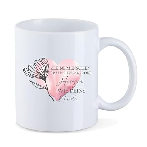 AWASG Tasse Erzieherin mit Herz Dankeschön – Personalisiert mit Namen – Kaffeetasse mit Blume und Spruch – Geschenk Abschied Kita Kindergarten - Keramik 330ml (weiß) von AWASG