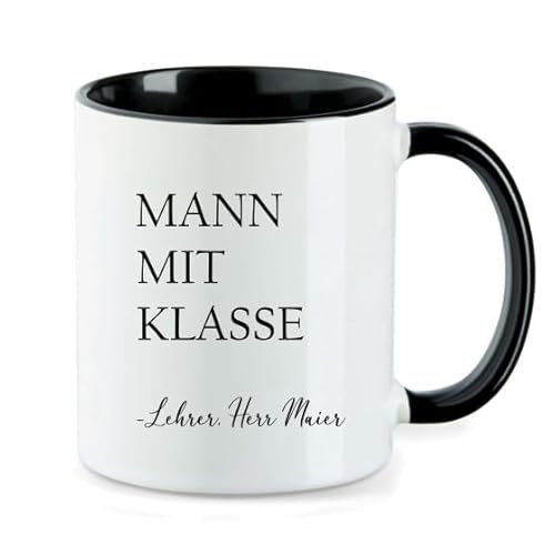 AWASG Tasse Lehrer Mann mit Klasse – Personalisiert mit Namen – Kaffeetasse Geschenk Abschied Schule Schulabschluss Arbeitskollege - Keramik 330ml (schwarz) von AWASG