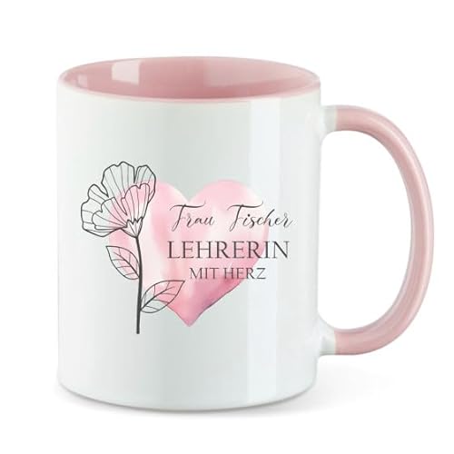 AWASG Tasse Lehrerin mit Herz Dankeschön – Personalisiert mit Namen – Kaffeetasse mit Blume und Spruch – Geschenk Abschied Schule Schulabschluss - Keramik 330ml (rosa) von AWASG