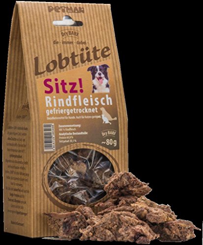 Petman Lobtüte - Dry BARF, Leckerli, Belohnung, Naturkausnack (Petman Lobtüte SITZ! Rindfleisch, 80g) von AWEHIRU