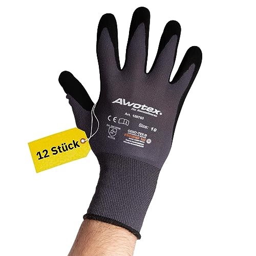 AWOTEX Montagehandschuh Nitril Größe 10 I 12 Stück Arbeitshandschuhe mit Nitrilschaum-Beschichtung I Gummi Handschuhe I Work Gloves 90% Nylon I Handschuhe Arbeitshandschuhe wasserdicht von AWOTEX