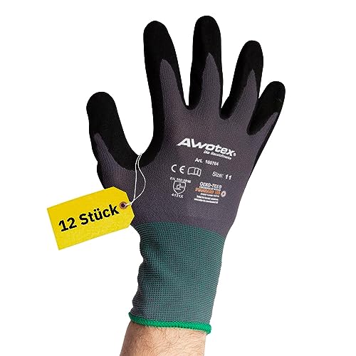 AWOTEX Montagehandschuh Nitril Größe 11 I 12 Stück Arbeitshandschuhe mit Nitrilschaum-Beschichtung I Gummi Handschuhe I Work Gloves 90% Nylon I Handschuhe Arbeitshandschuhe wasserdicht von AWOTEX