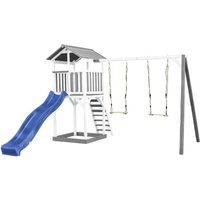 Beach Tower Spielturm aus Holz in Weiß & Grau Spielhaus für Kinder mit blauer Rutsche, Doppelschaukel und Sandkasten Stelzenhaus für den Garten von AXI