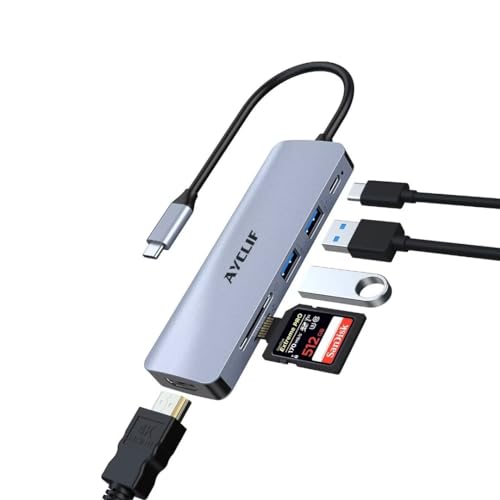 AYCLIF USB C Hub, 6 in 1 Multiport Adapter USB C mit MacBook Pro/Air, Chromebook, Thinkpad, Laptop und mehr Type C Geräte, USB C Ethernet Adapter Avec Affichage 4K HDMI, Lecteur de Carte SD/TF von AYCLIF