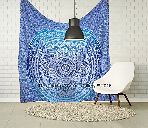 Aakriti Gallery Baumwolle Mandala Wandteppich Wandbehang - Böhmische Tagesdecke, Boho Decke/Überwurf Wandteppiche für Wohnzimmer, Wohnkultur (Blue, 235 x 210 cms) von Aakriti Gallery