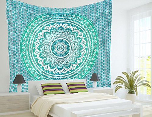 Aakriti Gallery Baumwolle Mandala Wandteppich Wandbehang - Böhmische Tagesdecke, Boho Decke/Überwurf Wandteppiche für Wohnzimmer, Wohnkultur (Green, 235 x 210 cms) von Aakriti Gallery