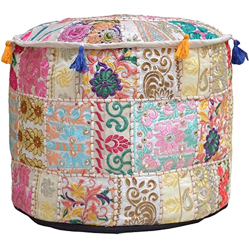 Aakriti Indian Pouf Fußhocker mit Stickerei Pouf, indische Baumwolle, Pouffe osmanischen Pouf Cover mit ethnischem Dekor Kunst - Cover (Beige, 56x35 cms) von Aakriti Gallery