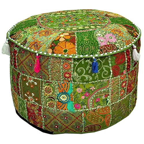 Aakriti Indian Pouf Fußhocker mit Stickerei Pouf, indische Baumwolle, Pouffe osmanischen Pouf Cover mit ethnischem Dekor Kunst - Cover (Green, 46x33 cms) von Aakriti Gallery