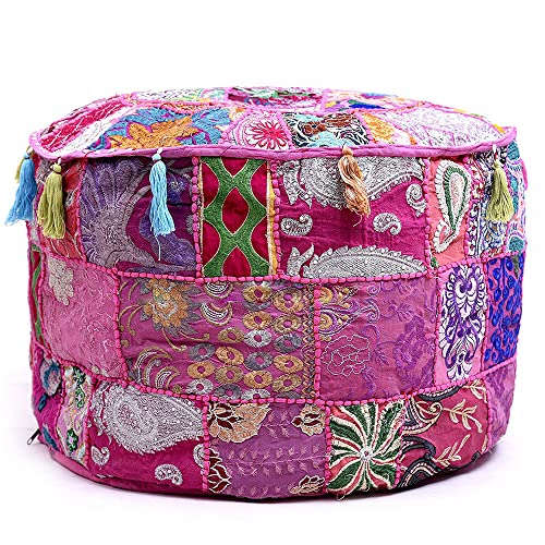 Aakriti Indian Pouf Fußhocker mit Stickerei Pouf, indische Baumwolle, Pouffe osmanischen Pouf Cover mit ethnischem Dekor Kunst - Cover (Pink, 46x33 cms) von Aakriti Gallery