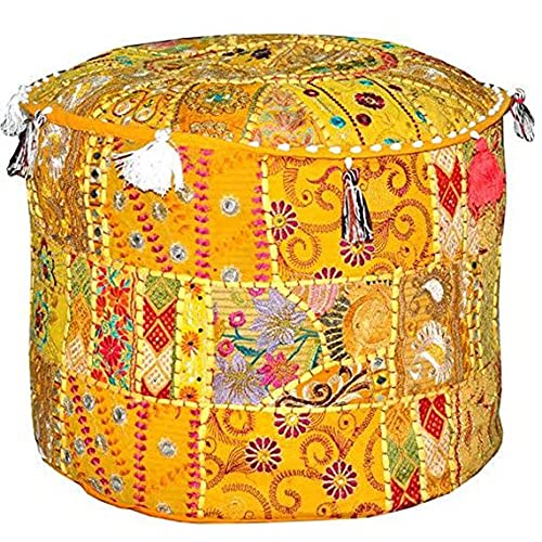 Aakriti Indian Pouf Fußhocker mit Stickerei Pouf, indische Baumwolle, Pouffe osmanischen Pouf Cover mit ethnischem Dekor Kunst - Cover (Yellow, 46x33 cms) von Aakriti Gallery