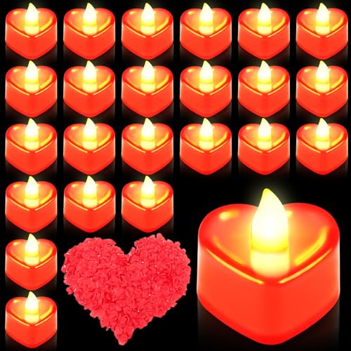 Acboor 24 Stück Herz Form LED Teelichter, 1000 Stücke künstlichen künstlichen Rosenblättern verlobung deko für Valentinstag Hochzeit (Rot) von Acboor