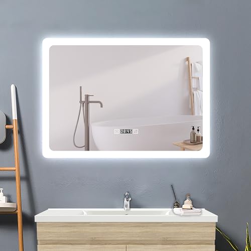 Acezanble Badezimmerspiegel mit Beleuchtung 3 Lichtfarbe Dimmbar mit Memory,70x50cm LED Spiegel mit Uhr Touch Beschlagfrei,Energiesparend Badspiegel Wandspiegel von Acezanble