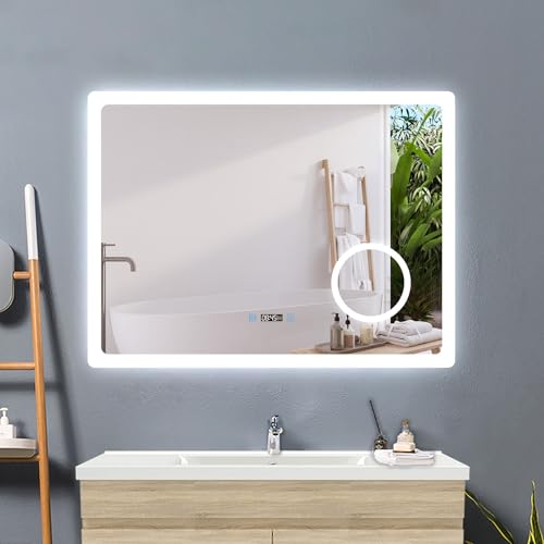 Acezanble Badspiegel mit Beleuchtung 80x60cm,LED Spiegel mit Uhr Touch Beschlagfrei 3-Fach Schminkspiegel,Badspiegel 3 Lichtfarbe Dimmbar mit Memory,Energiesparend Wandspiegel Lichtspiegel von Acezanble