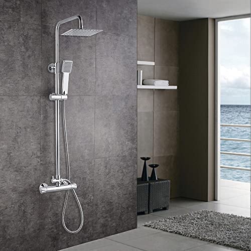 Acezanble Duschsystem mit Thermostat Regendusche Duschset mit 3 Strahlarten Handbrause und Verstellbarer Duschstange Brausegarnitur Duscharmatur Dusche Duschsäule für Bad von Acezanble