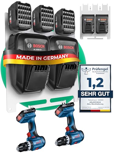 Adlerfokus Wandhalterung für Bosch Power-for-All Akkus & Ladegeräte [Made in Germany] Bosch Akkuhalter mit Premium Montagematerial - 33 x 28cm Akku Wandhalterung für Ordnung in der Werkstatt von Adlerfokus