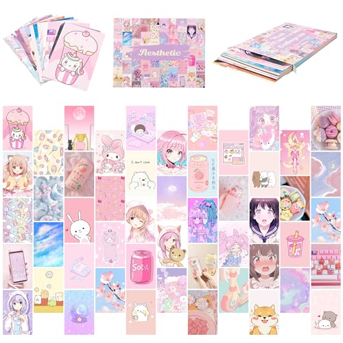 Adval9Vram 50 Stück Kawaii Anime Ästhetisches Bilder Wall Collage Kit, Süßes Rosa Ästhetische Poster Wohnheim Schlafzimmer Dekoration VSCO Fotowand Poster für Mädchen Teens von Adval9Vram