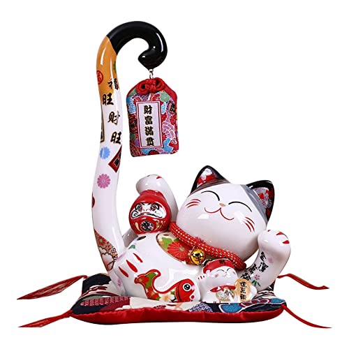 Aflytep 8,6 Keramik Maneki GlüCkliche Katze Geld Spardose MüNze Spardose Japanische Katze mit Langem Schwanz Feng Haus Dekor, A von Aflytep