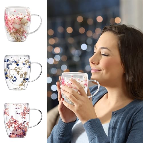 Doppelwandige Glasblume | Doppelwandige Glas Blume Doppelwandige | Kaffeebecher Mit Trockenen Blumen | Für Tee, Milch, Heiße Oder Kalte Getränke | Isoliert Hitzebeständig von Ahuuen