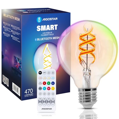 Aigostar Mesh - Alexa Smarte Glühbirne E27, Bluetooth Mesh G80, Smart LED Vintage Edison Lampe RGBW 4.9W 420LM 2700K Dimmbare Smart Bulb Kompatibel mit Alexa/Google Home (mit Bluetooth-Fernbedienung) von Aigostar