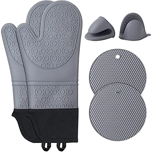 Ofenhandschuh Topflappen Silikon Set: Topfhandschuhe Hitzebeständig Backofen Ofen Handschuh Extra Lange Anti-Rutsch Backhandschuhe Küche Kochhandschuhe für Kochen Backen Grillen Männer Frauen von HAPPTWS