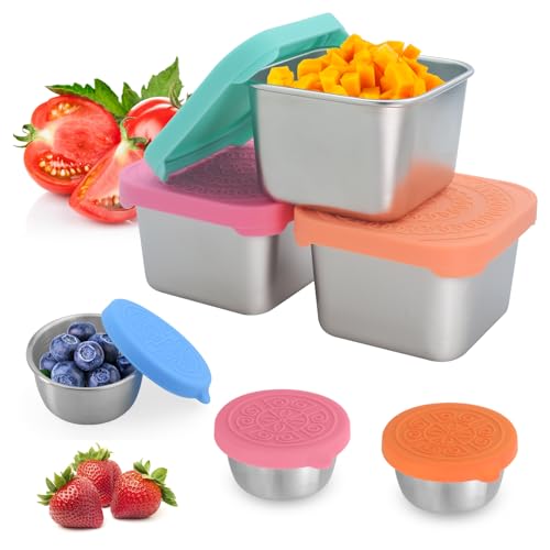 Aiyomi 6 Stück Snackbehälte,304 Edelstahl Salatdressing Behälter container mit silikondeckel wiederverwendbar, stapelbar auslaufsicher, umweltfreundliche Lebensmittelbehälter-Sets(180ml, 50ml) von Aiyomi