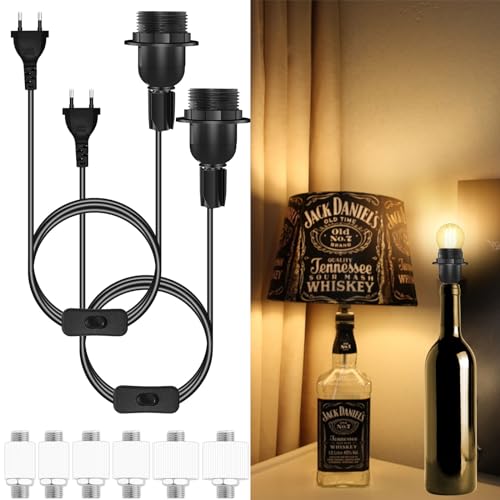 2PCS Lampenfassung für Flaschen E27, Fassung mit Schalter und 1.8m Kabel für Flaschen, Max. 60W, Flaschenlampen DIY Kit, E27 Fassung Flaschenadapter für kreative Tischlampen, Schwarz von Akynite