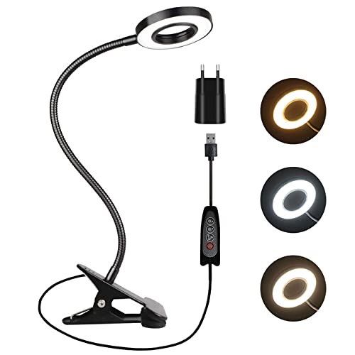 Akynite Klemmleuchte Schwarz mit Adapter und Kabel USB, 48 LED Schreibtischlampe mit Schwanenhals, 3 Farbwechsel, Flexibel Leselampe Bettlampe Klemmbar, Bett Lampe Kopfteil für Kinder von Akynite