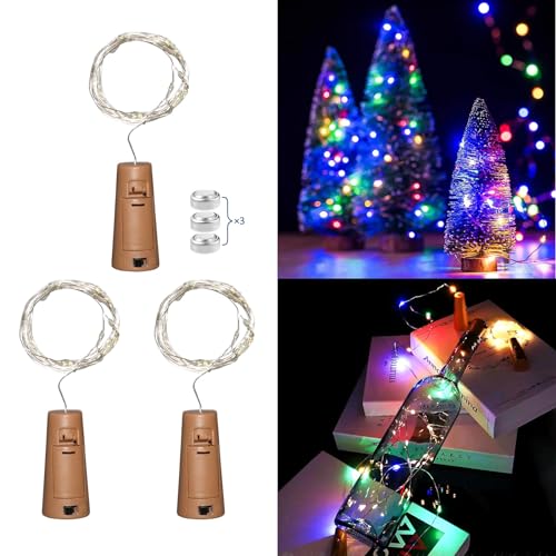 Akynite LED Flaschenlicht Bunt mit Korken, 20 LEDs 2M Lichterkette Wasserdicht, Korken Lichterkette Bunt für Flaschen Deko, für Party Weihnachten Tischdekoration Hochzeitstisch, 3er-set von Akynite