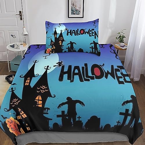 Alacritua Fröhliches Halloween Bettwäsche Set Kinder Mikrofaser Bettbezüge 3D Geist Gedruckt Bettbezug 3 Teilig Mit ReißVerschluss,Soft Bettwaren Single（135x200cm） von Alacritua