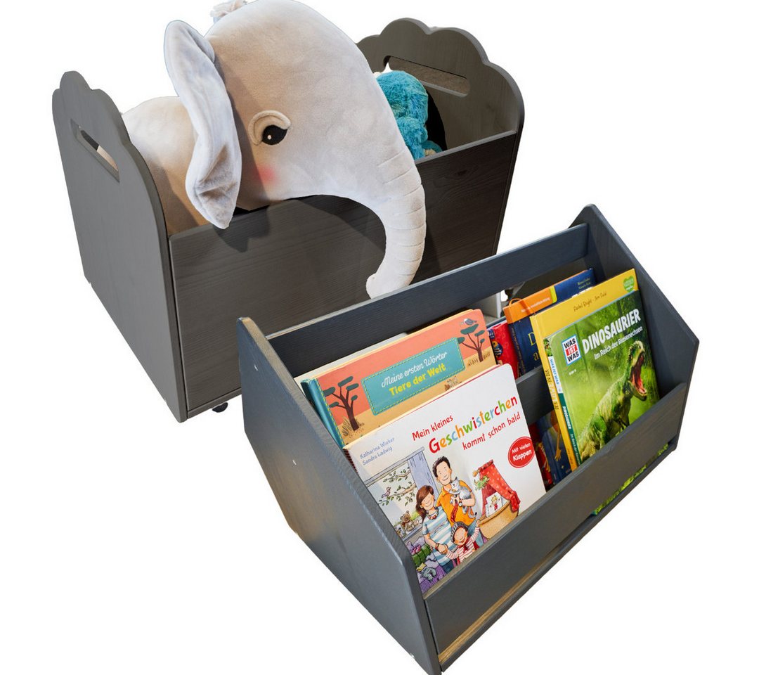 Alavya Home® Bücherregal COMET, Kinder Bücherregal + Spielzeugtruhe I Kinderregal mit 4 Rollen I Aufbewahrungsregal für Bücher in Kinderzimmer I 2-tlg., Kinderbücherregal und Spielzeug-Organizer aus Kiefernholz - Anthrazit von Alavya Home®