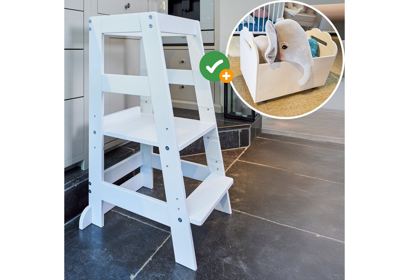 Alavya Home® Stehhilfe Lernturm Tritthocker ab 1 Jahr bis 70 Kilo belastbar + Spielzeugtruhe, Spielzeug-Organizer mit 4 Rollen Aufbewahrungsregal aus Kiefernholz von Alavya Home®