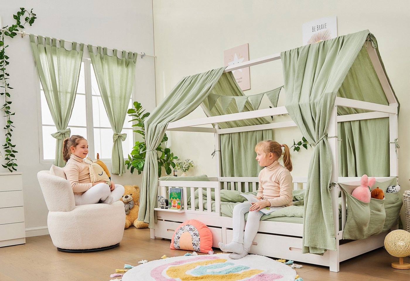 Vorhang Komplett SET mit Hausbett DEKO, Alavya Home®, Schlaufen (2 St), Lichtschutz, 100% Bio-Musselin Baumwolle, Vorhänge 100 x 150 cm Kurz 2er-Set für Kinderzimmer von Alavya Home®