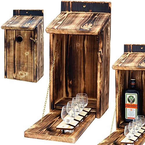 Alcohol Cage® Outdoor|Indoor - Holz Vogelhaus mit Platz für Flasche Schnaps 0.7 Liter und Glas Lustige Geschenke Männer für den Garten Zwitscherbox mit Minibar Geburtstag Vatertagsgeschenk, Braun von Alcohol Cage