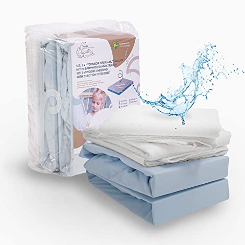 ALCUBE 4er Set aus wasserdichter Matratzenauflage und Baumwoll-Spannbettlaken für Baby und Kinder - Verschiedene Größen - (blau 80x160 cm) von Alcube