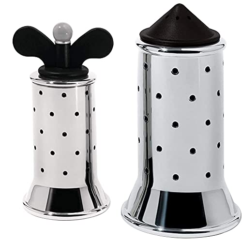 Alessi 9098 B - Design Pfeffermühle mit Rippen, Edelstahl und Thermoplastisches Harz, Schwarz & Salzstreuer aus Edelstahl mit Deckel und Verschluss aus PA, schwarz von Alessi