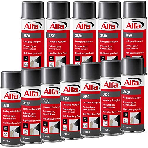 Alfa Lackspray 400 ml für Innen und Außen - Sprühlack zum Lackieren und Dekorieren, hohe Deckkraft Farbspray, Sprühdose, Made in Germany (12, RAL 9005 Tiefschwarz Hochglanz) von Alfa