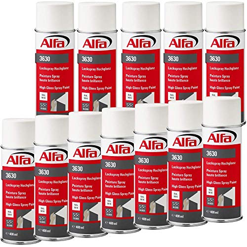 Alfa Lackspray 400 ml für Innen und Außen - Sprühlack zum Lackieren und Dekorieren, hohe Deckkraft Farbspray, Sprühdose, Made in Germany (12, RAL 9010 Reinweiß Hochglanz) von Alfa