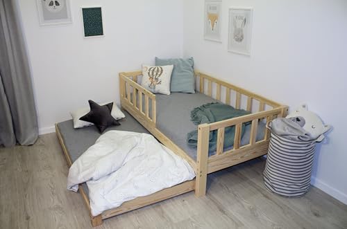 Alije Kiderbett 200x90 mit Gästebett, Naturholz Bett mit Rausfallschutz, Zwei Latternoste, Ausziehbett, Geeignet für Matratzen: 200x90+ 190x90 (Naturholz) von Alije