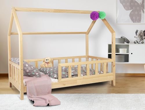 Alije Kinderbett Bett Hausbett Julia mit Rausfallschutz Lattenrost Bettgestell aus Kiefer Holz für Haus Kinder Jungen & Mädchen - Holzbett Baby Kinderzimmer (Naturholz, 140x200) von Alije