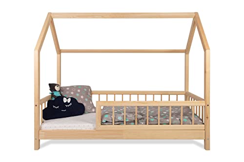 Alije Kinderbett Bett Hausbett mit Rausfallschutz 80x160cm Latternost Bettgestell aus Kiefer Holz für Haus Kinder Jungen & Mädchen - Holzbett Baby Kinderzimmer Junge Deko, Natürliches Holz von Alije