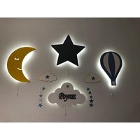 4Er Set Kinderzimmer Wandleuchte, Personalisierte Beleuchtung, Name Auf Wolke Led Licht, Mond Heißluftballon Stern Wandleuchte von AlishPlace