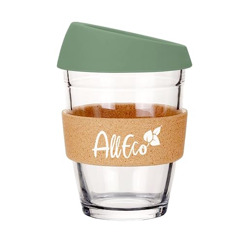 AllEco® Kaffeebecher to go Glas-Mehrweg Becher 340ml | Thermobecher Isolierbecher | Wiederverwendbarer Reisebecher | Kaffee Travel Mug von AllEco