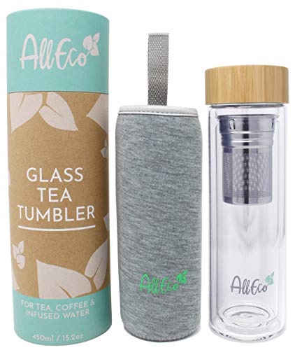 AllEco® Teeflasche mit Sieb to go 400-450ml Glas doppelwandig | Teebereiter für losen Tee, Teebecher, Teekanne ideal als Tee Geschenkset | nachhaltig, wiederverwendbar & umweltfreundlich von AllEco